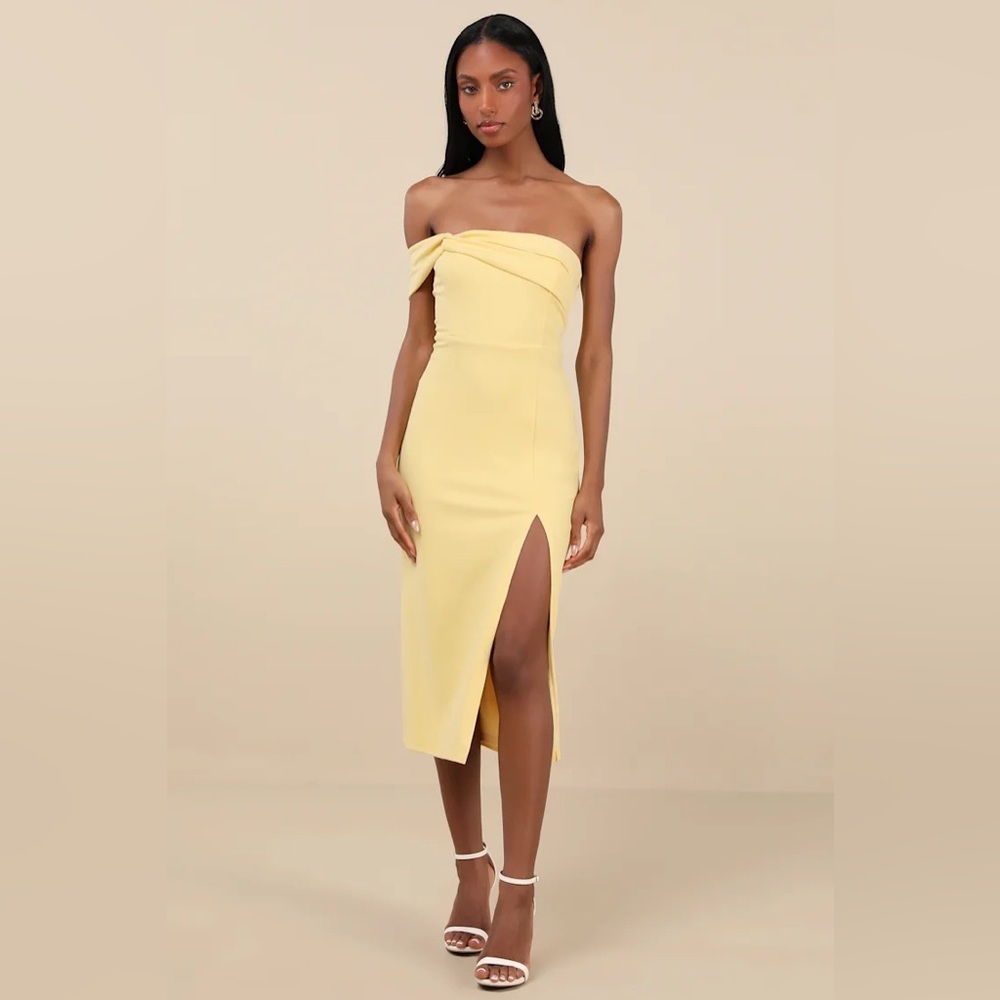Lulus Twist and Make Up Light Yellow One-Shoulder Bodycon Midi Dress - Picture 1 of 8
